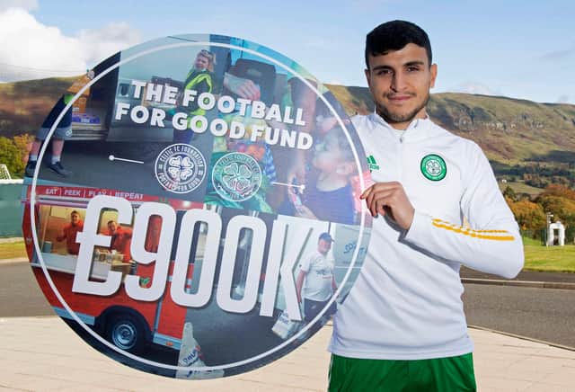 Celtic's Mohamed Elyounoussi highlights the fact that the club's charity foundation's fund Football for Good  has now raised £900,000 to assist those affected by Covid-19 (Photo by Craig Foy-SNS group)