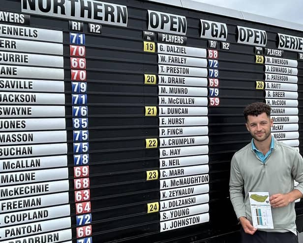 Englishman Haydn McCullen shows off his card after signing for a 59 in the first round of the Northern Open at Moray Golf Club in Lossiemouth