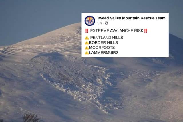 Mountain rescue team issue 'extreme' avalanche warning for hills in southern Scotland. This picture was taken following an avalanche at Turnhouse Hill in January this year picture: supplied