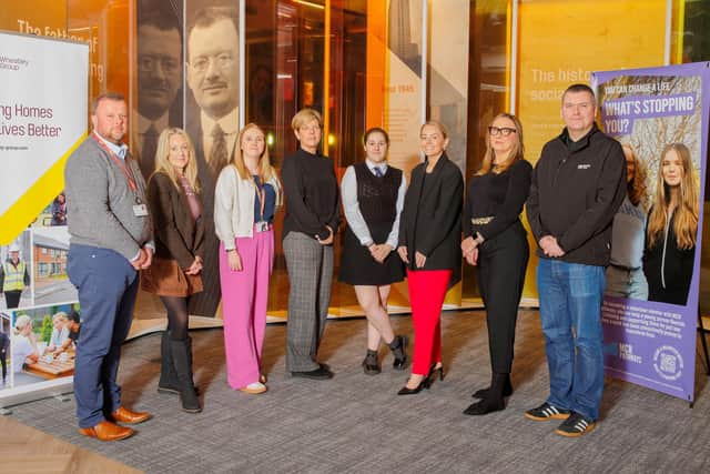 From left, Wheatley mentor Brian Haddow; Sharon McIntyre, Chief Exec of MCR Pathways; Laura Crumlish and Lynne Mitchell of Wheatley Foundation; Holly Dillon; City Building mentor Louise Allan; Mhairi Taggart of MCR Pathways; and Wheatley mentor Kevin Smith.