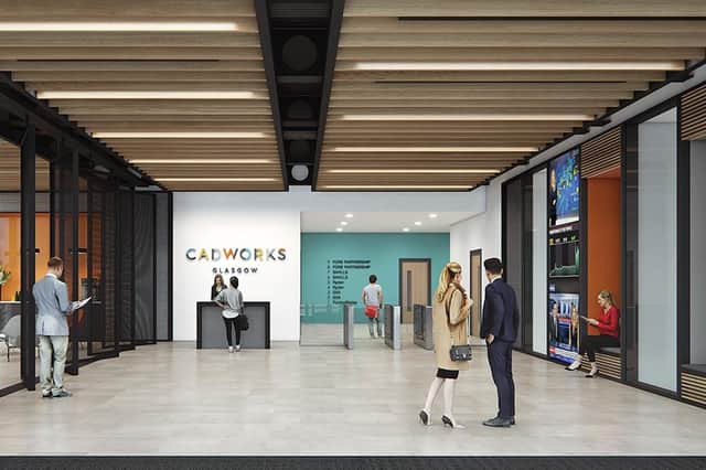 An image of the reception area within the Cadworks office development in Glasgow city centre.