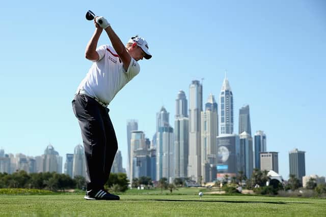 Stephen Gallacher tees off on the eighth hole on the Majlis Course at Emirates Golf Club during the 2015 Omega Dubai Desert Classic. Picture: Warren Little/Getty Images.