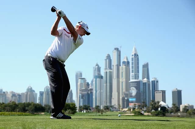 Stephen Gallacher tees off on the eighth hole on the Majlis Course at Emirates Golf Club during the 2015 Omega Dubai Desert Classic. Picture: Warren Little/Getty Images.