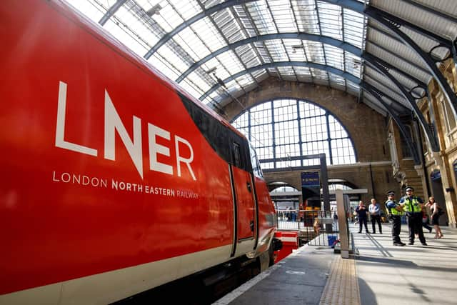 A London North Eastern Railway (LNER) train is pictured at King's Cross rail station in London. Picture: Tolga Akmen/AFP/Getty Images