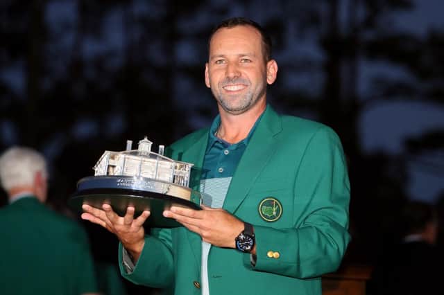 Sergio Garcia celebrates with the Masters Trophy during the Green Jacket ceremony after he won in a play-off in 2017 at Augusta National. Picture: Andrew Redington/Getty Images