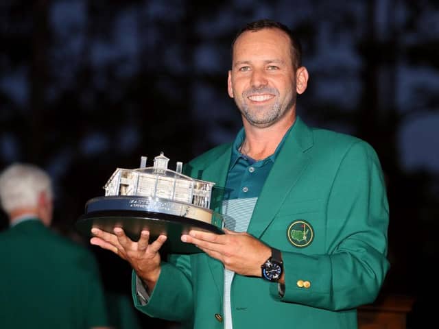 Sergio Garcia celebrates with the Masters Trophy during the Green Jacket ceremony after he won in a play-off in 2017 at Augusta National. Picture: Andrew Redington/Getty Images