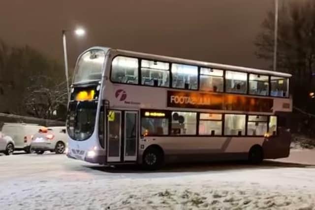 The First Bus can be seen in the video drifting towards parked cars on the opposite side of the road.