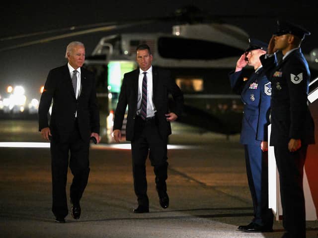 US President Joe Biden walks to boards Air Force One before departing from John F. Kennedy International Airport in New York on October 6, 2022. (Photo by MANDEL NGAN  via Getty Images