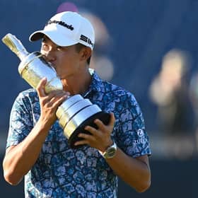 Collin Morikawa kisses the Claret Jug after winning the 149th Open at Royal St George's last summer. Picture: Glyn Kirk/AFP via Getty Images.