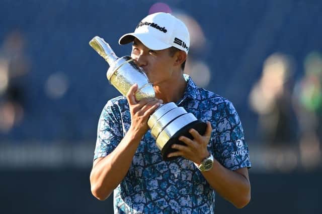 Collin Morikawa kisses the Claret Jug after winning the 149th Open at Royal St George's last summer. Picture: Glyn Kirk/AFP via Getty Images.
