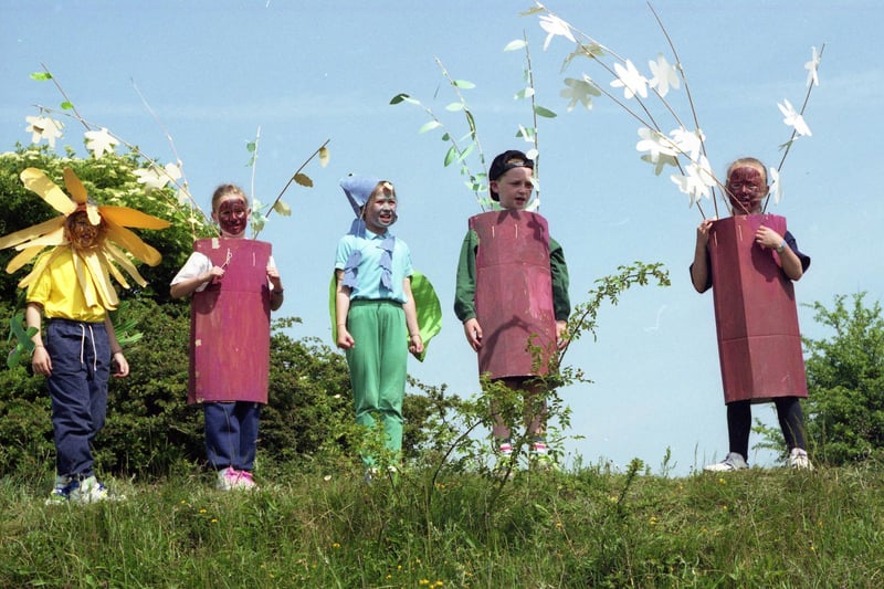 Hundreds flocked to Penshaw Monument  for the second Festival of the Trees in 1992.  Pupils from Shiney Row Primary School were pictured as trees. They were, left to right:  Stacey Guthrie, Amy Milner, Joe Forsyth, Kevin Postill, and Lauren Ashman.