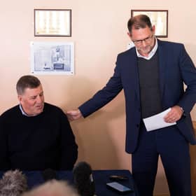 Mark McGhee in unveiled as the new manager of Dundee  alongside managing director John Nelms.