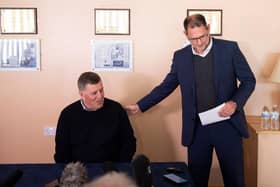 Mark McGhee in unveiled as the new manager of Dundee  alongside managing director John Nelms.