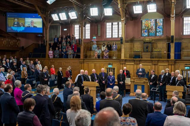This year's Assembly is a hybrid gathering and the Lord High Commissioner, Lord Hodge, gave his address by zoom.  Picture: Andrew O'Brien