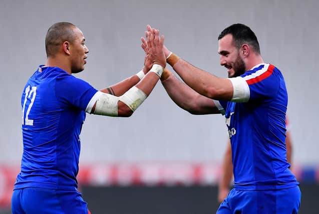 Gael Fickou and Jean-Baptiste Gros celebrate France's dramatic win over Wales. Picture: Aurelien Meunier/Getty Images