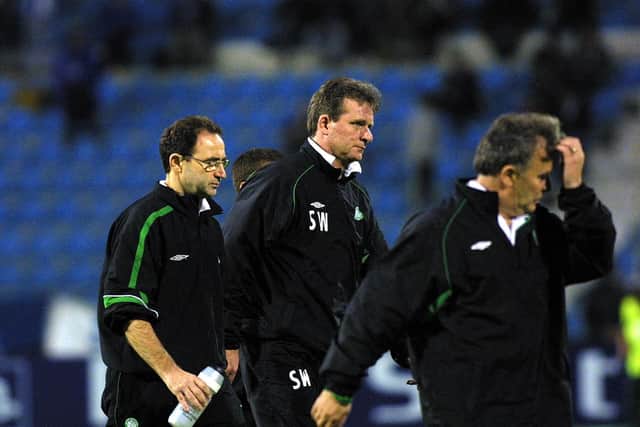 (L-R) Martin O'Neill, Steve Walford and John Robertson after a 3-0 defeat in Porto in 2001. Celtic lost only one home Champions League group game under him