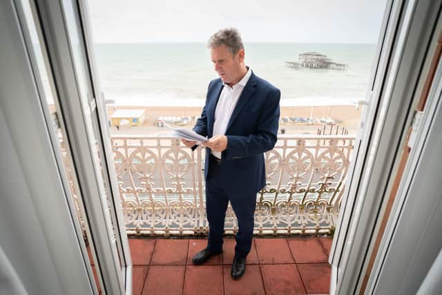 Labour leader Keir Starmer prepares his party conference speech in his hotel room, on the eve of his address to delegates. Picture: Stefan Rousseau/AFP via Getty Images