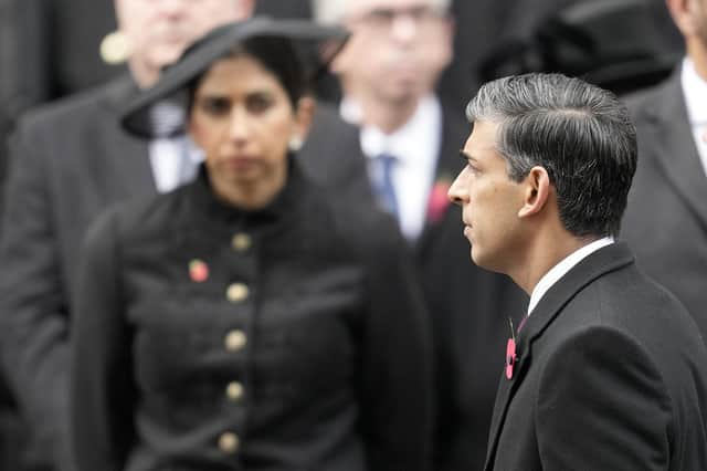 Rishi Sunak and Suella Braverman at Sunday's National Service of Remembrance before the Prime Minister sacked his Home Secretary (Picture: Kin Cheung - WPA Pool/Getty Images)