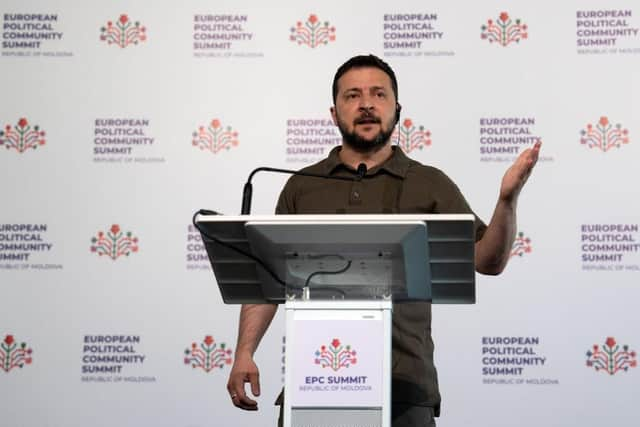 Volodymyr Zelensky speaks during a press conference at the European Political Community (EPC) Summit near Chisinau, Moldova. The semiannual summit was created last year after the Russian invasion of Ukraine, with the aim of bringing together a broader set of European leaders beyond the 27 members of the European Union.