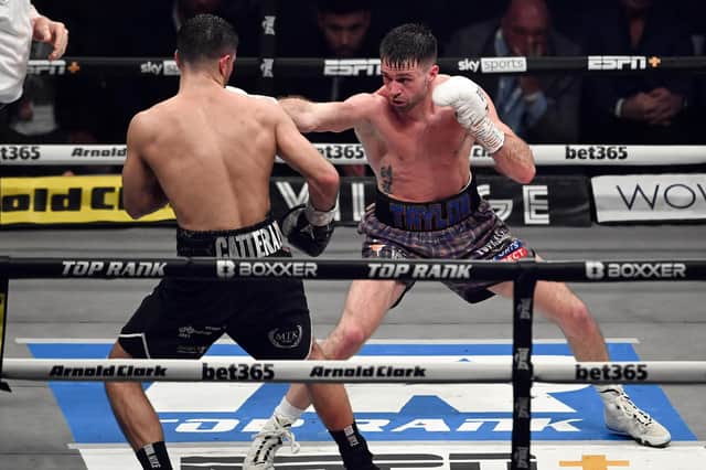 Josh Taylor (R) and Jack Catterall during the WBA, WBC, WBO & IBF world super-lightweight title fight at the OVO Hydro, on February 26 last year.