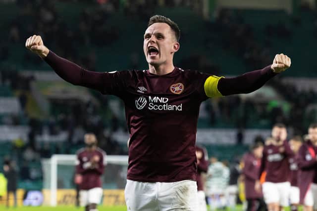 Hearts' Lawrence Shankland celebrates with the Jambos fans after the 2-0 win over Celtic