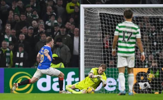 Scott Arfield is denied by Celtic goalkeeper Joe Hart during Rangers' 3-0 defeat in the Old Firm clash on Wednesday night. (Photo by Rob Casey / SNS Group)