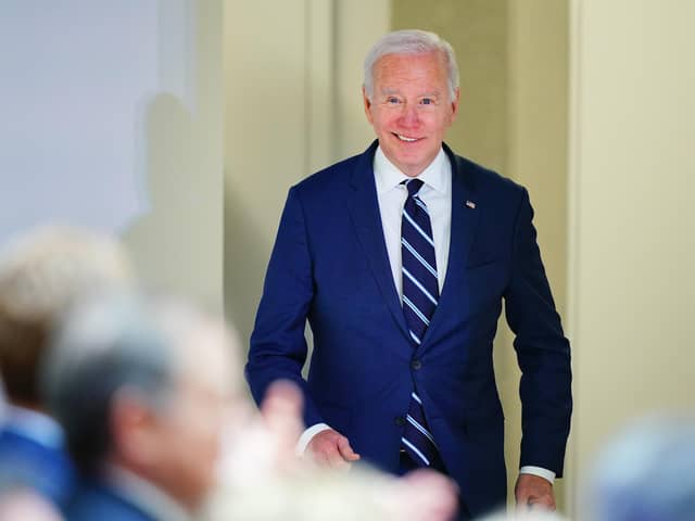 US President Joe Biden arrives to deliver his keynote speech at Ulster University in Belfast, during his visit to the island of Ireland. Picture date: Wednesday April 12, 2023.