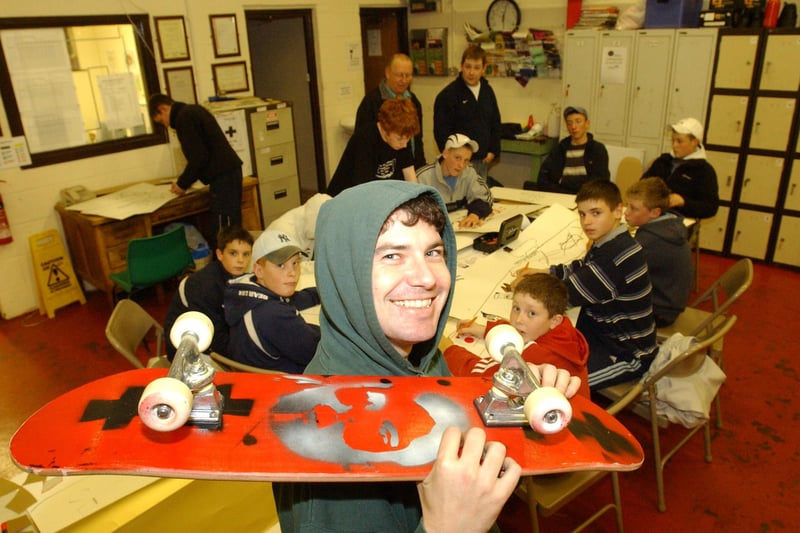 Artist Marcus Diamond pictured with skateboards and plenty of supporters at Hebburn Community Association in 2004.