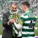 Celtic manager Ange Postecoglou and captain Callum McGregor with the 2022-23 Premiership trophy. (Photo by Craig Williamson / SNS Group)