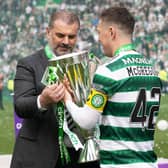 Celtic manager Ange Postecoglou and captain Callum McGregor with the 2022-23 Premiership trophy. (Photo by Craig Williamson / SNS Group)