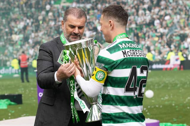 Celtic manager Ange Postecoglou and captain Callum McGregor with the 2022-23 Premiership trophy. (Photo by Craig Williamson / SNS Group)