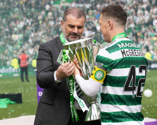 Celtic manager Ange Postecoglou and captain Callum McGregor with the 2022-23 Premiership trophy. (Photo by Craig Williamson / SNS Group)