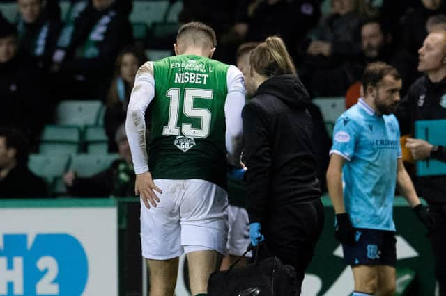 Hibs striker Kevin Nisbet is an injury doubt for the Premier Sports Cup final against Celtic after limping off during the 1-0 win over Dundee. (Photo by Ross Parker / SNS Group)