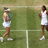 Maia Lumsden, left, and Naiktha Bains celebrate against Viktoria Hruncakova and Tereza Mihalikova during their latest Wimbledon women's doubles scalp.