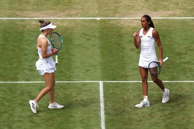 Maia Lumsden, left, and Naiktha Bains celebrate against Viktoria Hruncakova and Tereza Mihalikova during their latest Wimbledon women's doubles scalp.