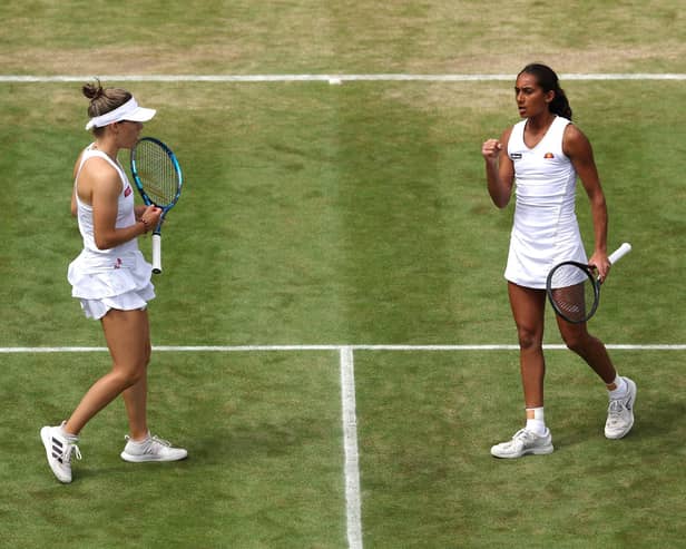 Maia Lumsden, left, and Naiktha Bains celebrate against Viktoria Hruncakova and Tereza Mihalikova during their latest Wimbledon women's doubles scalp.