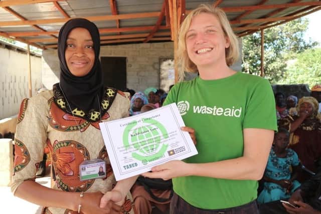 Kaddyjatou Sowe, a graduate of WasteAid’s waste-management training programme in The Gambia,  with Zoë Lenkiewicz from the charity. Picture: contributed.