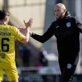 Hibs' Caretaker boss David Gray (R) and Hibs' veteran Lewis Stevenson at full time during a cinch Premiership match between St Mirren and Hibernian at the SMiSA Stadium, on April 23, 2022, in Paisley, Scotland. (Photo by Alan Harvey / SNS Group)