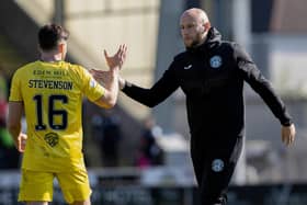 Hibs' Caretaker boss David Gray (R) and Hibs' veteran Lewis Stevenson at full time during a cinch Premiership match between St Mirren and Hibernian at the SMiSA Stadium, on April 23, 2022, in Paisley, Scotland. (Photo by Alan Harvey / SNS Group)