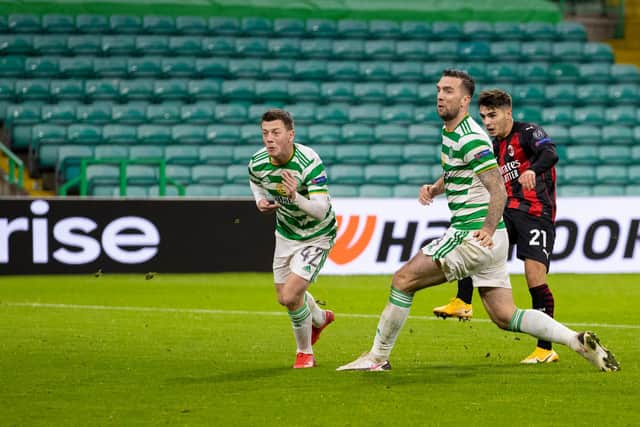Brahim Diaz scores Milan's second at Celtic Park (Photo by Craig Williamson / SNS Group)