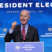 President-elect Joe Biden delivers remarks from the stage of The Queen theatre in Wilmington, Delaware. (Photo by Chip Somodevilla/Getty Images)