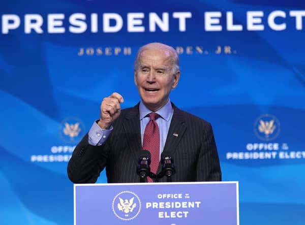 President-elect Joe Biden delivers remarks from the stage of The Queen theatre in Wilmington, Delaware. (Photo by Chip Somodevilla/Getty Images)