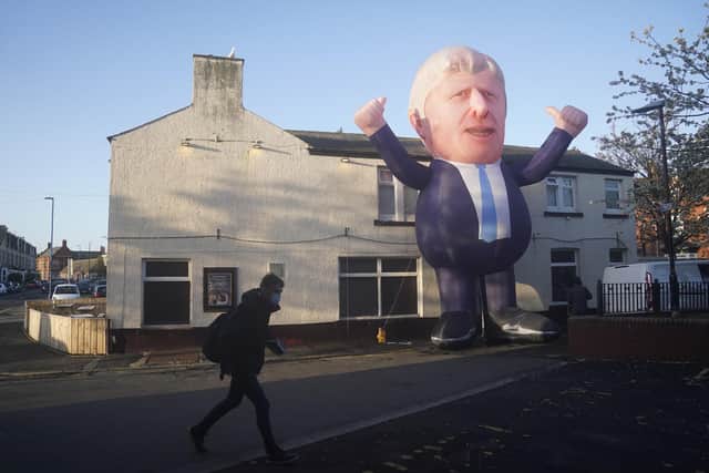 A 30ft inflatable Boris Johnson erected outside Mill House Leisure Centre in Hartlepool, where the Tories have won.