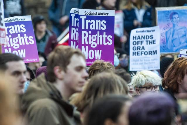 Pro-gender recognition reform supporters at a "Rally for Trans Equality" in Edinburgh earlier this year. Picture: Lisa Ferguson.