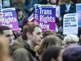 Pro-gender recognition reform supporters at a "Rally for Trans Equality" in Edinburgh earlier this year. Picture: Lisa Ferguson.