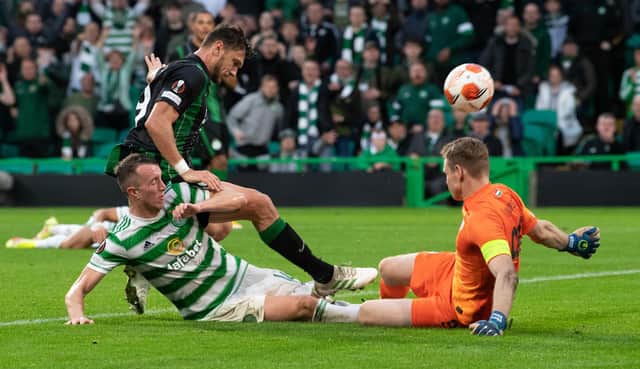 Celtic attacker David Turnbull makes his presence felt to help his team make it 2-0  in the club's Europa League success at home to  Ferencvaros a fortnight ago - Ange Postecolgou's men requiring to overcome the Hungarians on their home patch in the return fixture to keep continental ambitions on track.  (Photo by Ross Parker / SNS Group)