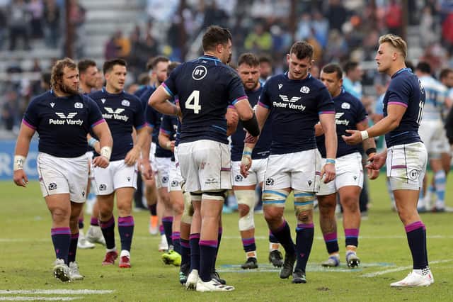 Scotland players leave the field after the 26-18 defeat by Argentina at Estadio 23 de Agosto in Jujuy. (Photo by Daniel Jayo/Getty Images)