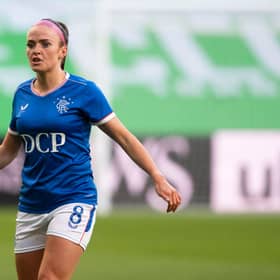 GLASGOW, SCOTLAND - APRIL 21: Kirsten Reilly in action for Rangers during a SWPL match  between Celtic and Rangers at Celtic Park, on April 21, 2021, in Glasgow, Scotland. (Photo by Craig Foy / SNS Group)