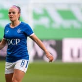 GLASGOW, SCOTLAND - APRIL 21: Kirsten Reilly in action for Rangers during a SWPL match  between Celtic and Rangers at Celtic Park, on April 21, 2021, in Glasgow, Scotland. (Photo by Craig Foy / SNS Group)