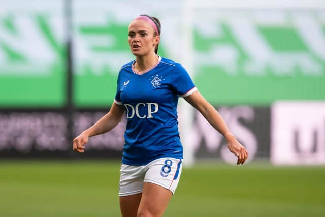 GLASGOW, SCOTLAND - APRIL 21: Kirsten Reilly in action for Rangers during a SWPL match  between Celtic and Rangers at Celtic Park, on April 21, 2021, in Glasgow, Scotland. (Photo by Craig Foy / SNS Group)